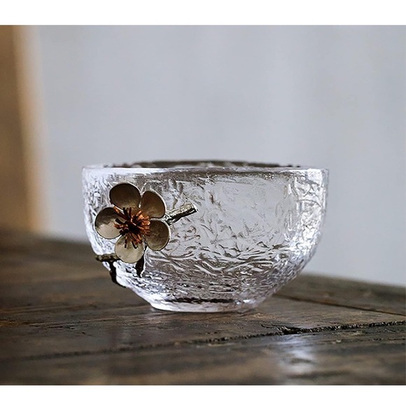 Zen Life Artisan Crystal Glass Teacup (2) Metal Plum Blossom Accent- New in Box - Picture 1 of 2
